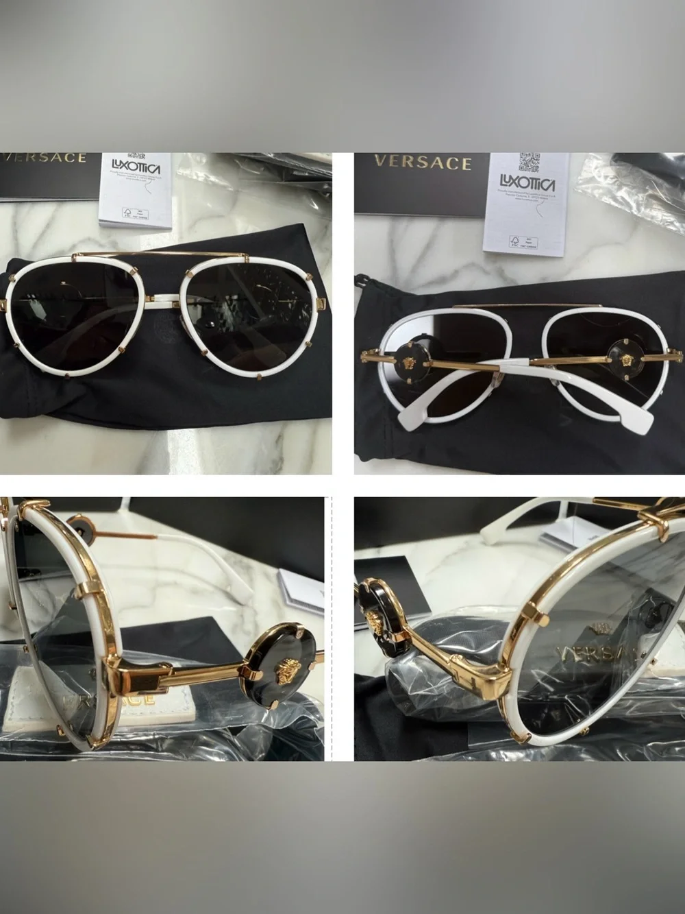 Versace White/Gold Metal Aviator pilot Sunglasses with dramatic logo on temples